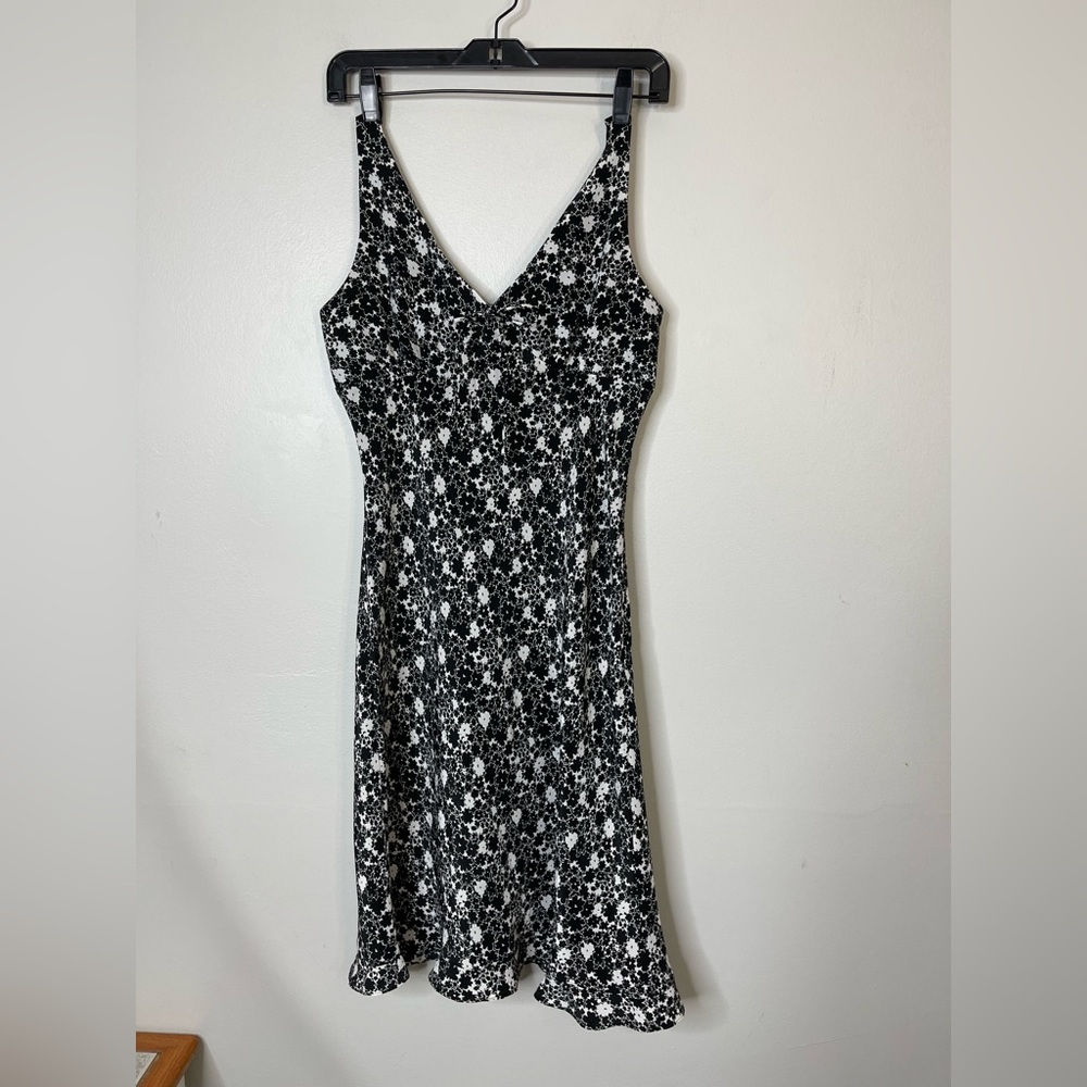 VTG express Y2K Black White floral tie bow midi chiffon dress  whimsical goth 6